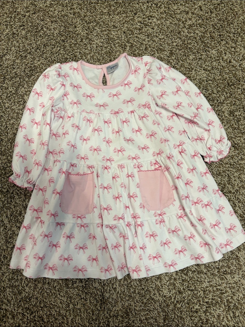 Pippa Pink Bow Print Toddler Dress with Patch Pockets
